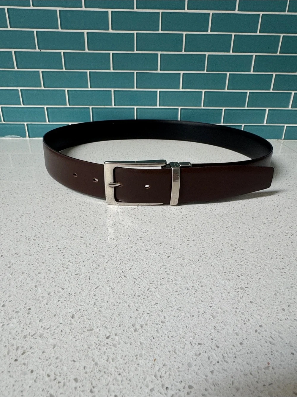 Reversible black and brown genuine leather made in Italy silver buckle belt
